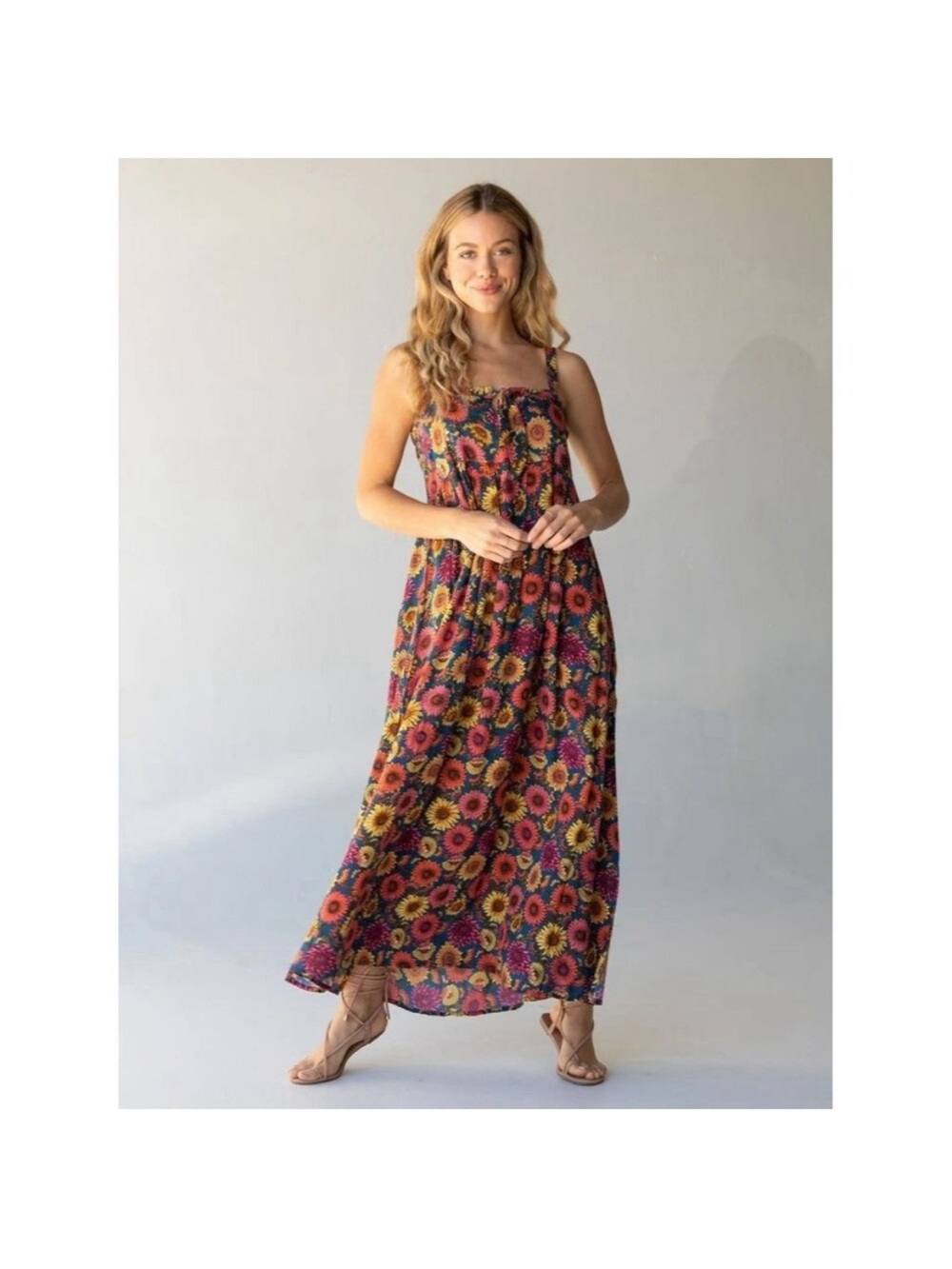 Natural Life Patti Tie-Front Maxi Dress Sunflower Floral Size M Bobo Hippie - Picture 7 of 14